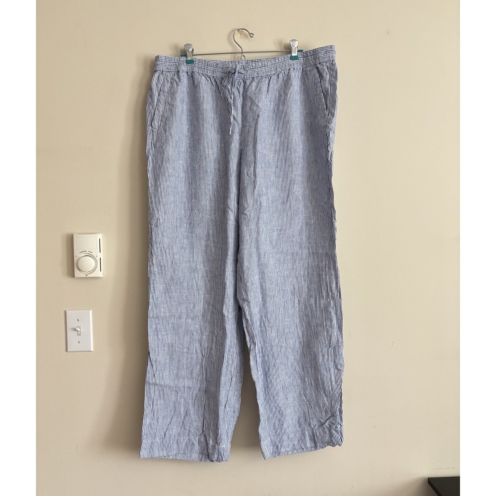 Talbots Linen Pants Size 16 XL Elastic Waist Pull On White Blue Coastal Beach